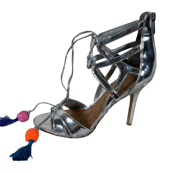 Sam Edelman Azela Silver Tassel Pom Heels Open Toe Strappy Heels Size 8.5 - Picture 2 of 8